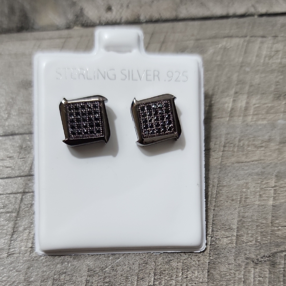 Brand New Mens Moissanite Black Stones In 925 Sterling Silver Earrings